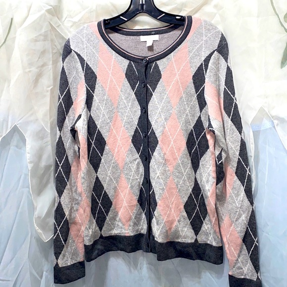 CHARTER CLUB ARGYLE SWEATER GREY/PINK/WHT SZ L